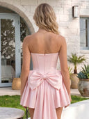 Satin A Line Strapless Pleated Short Homecoming Dresses with Bow