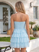 Chiffon Tiered Ruffles A Line Strapless Short Homecoming Dresses with Bow