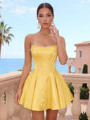 Satin A Line Strapless Pleated Short Homecoming Dresses with Beads