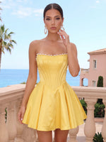 Satin A Line Strapless Pleated Short Homecoming Dresses with Beads