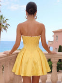 Satin A Line Strapless Pleated Short Homecoming Dresses with Beads