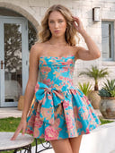Jacquard Satin A Line Pleated Strapless Sleeveless Short Homecoming Dresses with Bow