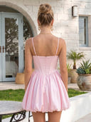 Satin Sweetheart Flower Bud Rhinestones Short Homecoming Dresses