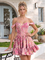 Jacquard Satin A Line Off the Shoulder Ruffles Homecoming Dresses