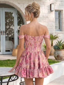 Jacquard Satin A Line Off the Shoulder Ruffles Homecoming Dresses