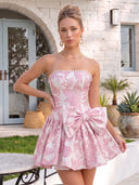 Jacquard Satin A Line Strapless Pleated  Short Homecoming Dresses with Bow