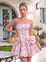 Jacquard Satin A Line Strapless Pleated  Short Homecoming Dresses with Bow
