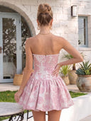 Jacquard Satin A Line Strapless Pleated  Short Homecoming Dresses with Bow