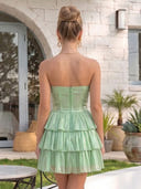 Organza Tiered Ruffles A Line Strapless Short Homecoming Dresses with Bow