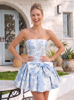 Jacquard Satin A Line Strapless Pleated Homecoming Dresses with Bow