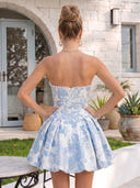 Jacquard Satin A Line Strapless Pleated Homecoming Dresses with Bow