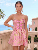 Satin Jacquard A Line Strapless Short Homecoming Dresses with Bow