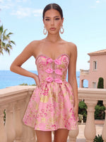 Satin Jacquard A Line Strapless Short Homecoming Dresses with Bow
