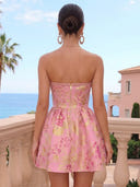 Satin Jacquard A Line Strapless Short Homecoming Dresses with Bow