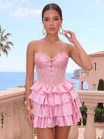 Satin A Line Strapless Tiered Ruffles Short Homecoming Dresses