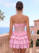 Satin A Line Strapless Tiered Ruffles Short Homecoming Dresses
