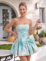 Satin Jacquard A Line Strapless Pleated Short Homecoming Dresses with Bow