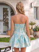 Satin Jacquard A Line Strapless Pleated Short Homecoming Dresses with Bow