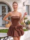 Satin A Line Strapless Pleated Short Homecoming Dresses with Bow