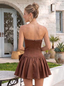 Satin A Line Strapless Pleated Short Homecoming Dresses with Bow