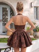 Satin Jacquard  A Line Halter Sleeveless Pleated Short Homecoming Dresses
