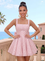 Sequins A Line Square Neck Sleeveless Pleated Short Homecoming Dresses with Bow