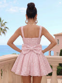 Sequins A Line Square Neck Sleeveless Pleated Short Homecoming Dresses with Bow