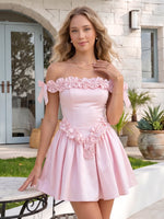 Satin 3D Flowers A Line Off the Shoulder Short Homecoming Dresses