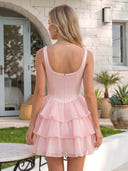 Organza A Line Scoop Neck Tiered Sleeveless Short Homecoming Dresses with Beads