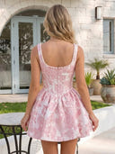 Jacquard Satin A Line Square Neck Sleeveless Short Homecoming Dresses with Beads