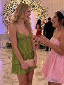 Pleated Satin A Line Tiered V Neck Short Homecoming Dresses