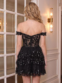 Sequin A Line Off the Shoulder Tiered Ruffles Short Homecoming Dresses