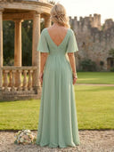 Chiffon A Line Scoop Neck Ruched Bridesmaid Dresses with Sleeves