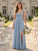 Chiffon A Line Corset Bridesmaid Dresses with Slit