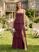 Chiffon A Line Tiered Sweetheart Bridesmaid Dresses with Slit