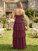 Chiffon A Line Tiered Sweetheart Bridesmaid Dresses with Slit