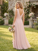 Chiffon A Line Sleeveless V Neck Bridesmaid Dresses with Ruffle
