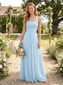Chiffon A Line Sleeveless Halter Bridesmaid Dresses with Ruched