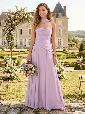 Chiffon A Line Cowl Neck Bridesmaid Dresses with Scarf