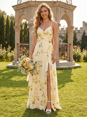 Chiffon A Line Floral V Neck Bridesmaid Dresses with Slit