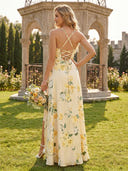 Chiffon A Line Floral V Neck Bridesmaid Dresses with Slit