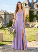 Chiffon Spaghetti Straps A Line Ruched Bridesmaid Dresses with Slit