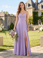 Chiffon Spaghetti Straps A Line Ruched Bridesmaid Dresses with Slit