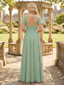 Chiffon A Line Square Neck Short Sleeves Ruched Bridesmaid Dresses with Slit
