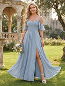 Chiffon A Line V Neck Off the Shoulder Ruched Bridesmaid Dresses with Slit