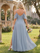 Chiffon A Line V Neck Off the Shoulder Ruched Bridesmaid Dresses with Slit