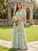 Chiffon A Line V Neck Short Sleeves Floral Bridesmaid Dresses