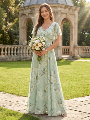 Chiffon A Line V Neck Short Sleeves Floral Bridesmaid Dresses