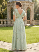 Chiffon A Line V Neck Short Sleeves Floral Bridesmaid Dresses