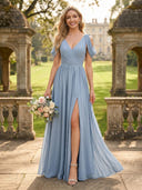 Chiffon A Line Off the Shoulder V Neck Ruched Bridesmaid Dresses with Slit